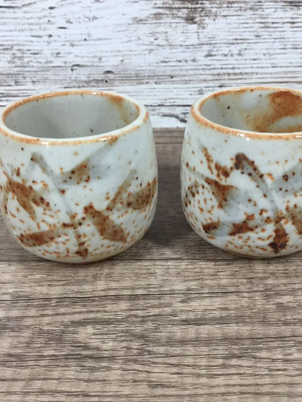 Vintage Japanese Shino Ware Yunomi Teacups Set Of 2 Bamboo Motif Wabi Sabi Studi